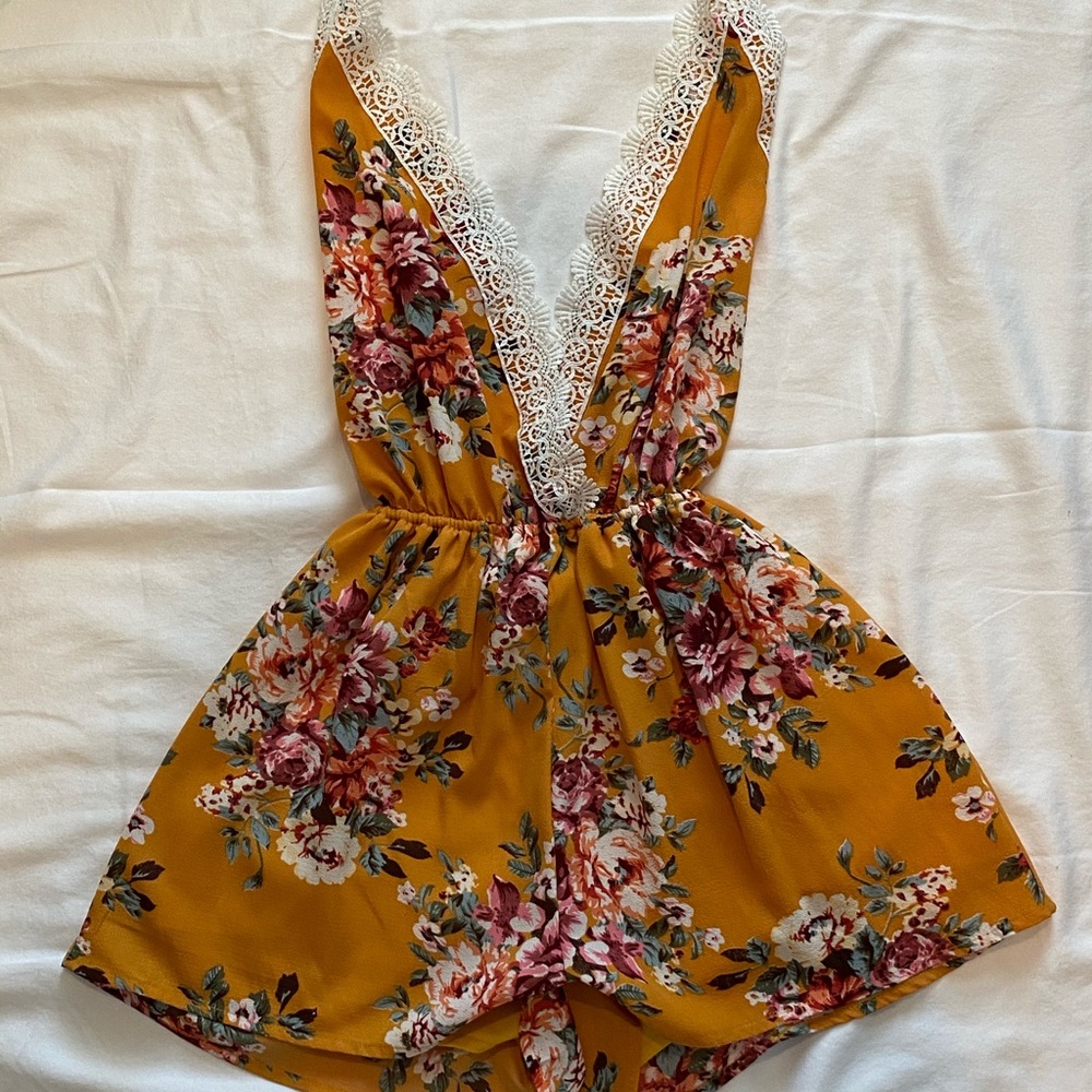 Yellow Floral Halter Romper by SHEIN
